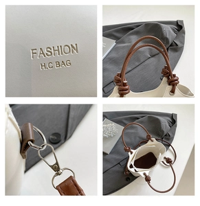 Detailed views of leather knot handle, logo embossing, silver hardware and interior pockets