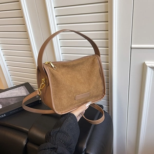 Matte Suede Tote Bag Retro Women Shoulder Crossbody Handbag With Golden Hardware Zipper Closure Minimalist Urban Style