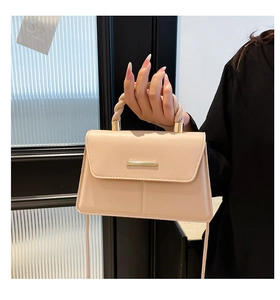 Détail d'un petit sac beige avec poignée tressée et fermoir en métal doré