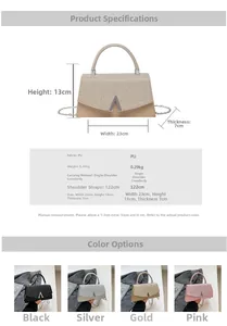 Detailed size specifications and color options for the stylish metallic glitter evening bag