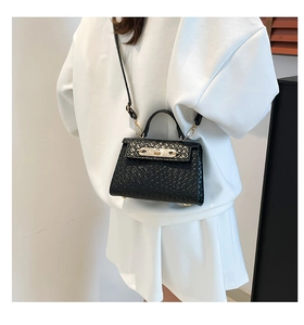 Close-up of black woven leather mini bag with gold hardware and classic top handle