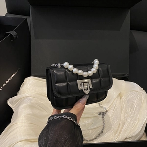 Fashion Plaid Quilted Mini Shoulder Bag For Women PU Leather Faux Artificial Pearl Handle Square Bag Small Chain Crossbody Purse