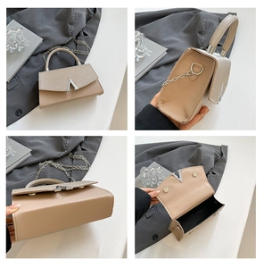 Detailed views of beige crossbody bag showing interior, V-shaped buckle, and chain strap