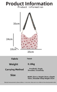 Detailed chart of strawberry corduroy bag showing adjustable strap and 25x24cm dimensions