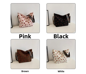Detailed grid view of corduroy strawberry bucket bags in pink, black, brown, and white colors
