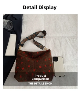 Detailed view of strawberry print corduroy tote bag with colorful ethnic wide strap