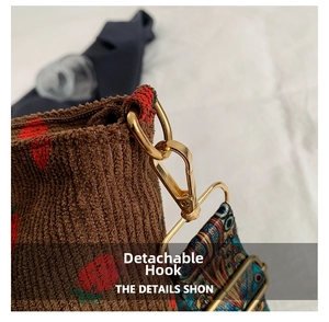 Detail of brown corduroy bag showing strawberry embroidery and detachable metal hook