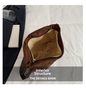 Internal structure of brown corduroy bucket bag with strawberry print and zipper pocket