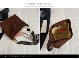 Internal view of strawberry corduroy bucket bag showing large capacity and main pocket