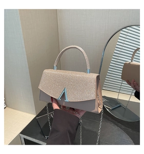 Detail of champagne evening bag with rhinestone flap and silver V-shaped metal lock