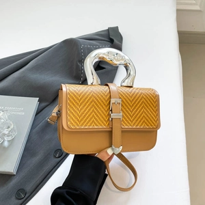 Fashion Woven Crossbody Bag With Silver Metal Handle For Women Fabric Synthetic Leather Commuting Small Square Handbag