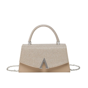 Chic beige crossbody bag with sparkling silver sequins and metal buckle detail