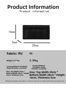 Detail view of black snakeskin texture PU box bag with size dimensions and chain strap
