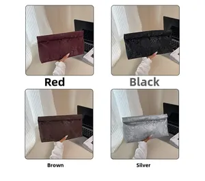 Detail showing snakeskin texture clutch bags in four colors held with laptop and magazine