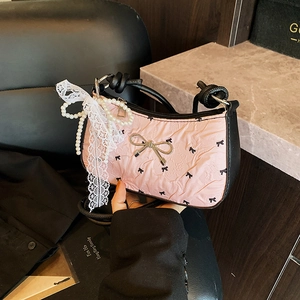 Women Underarm Shoulder Bag PU Leather Pleated Texture Bowknot Heart Print Sweet Y2K Style Casual Small Handbag