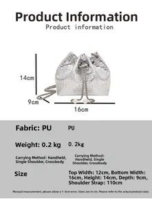 Silver bucket bag detail showing PU woven texture, pearl drawstring and size dimensions