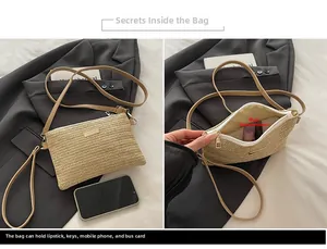 Detail of straw woven crossbody bag showing interior capacity and zip closure