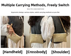 Straw crossbody bag showing three-way usage as a handbag, shoulder bag, and clutch