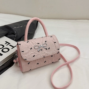 Women Bowknot Print Small Square Bag Fashion Pleated PU Leather Shoulder Bag Sweet Top Handle Crossbody Bag For Ladies Casual Everyday
