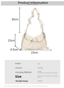 Detailed size chart for beige PU leather crescent bag with pearl chain and pleated strap