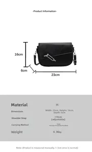 Detailed size chart for black PU leather half moon saddle bag with dimensions