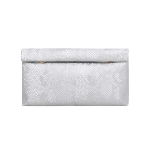 Silver snakeskin pattern envelope clutch bag with metallic finish and gold rings