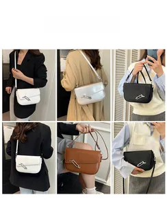 Collage of chic leather crossbody bags with unique paperclip buckles in four colors