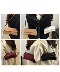 Collage of glossy patent leather baguette bags in beige, burgundy, black and white