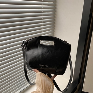Women Fashion Glossy PU Leather Handbag With Hollow Handle Solid Color Letter Print Shoulder Bag Simple Trendy Crossbody Bag