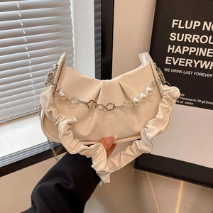 Sac À Épaule Femme En Cuir PU Froncé Avec Chaîne Künstliche Perles Et Charm Fleur Mode Polyvalente Sac Sous Les Aisselles