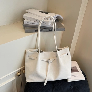 Minimalist white woven tote bag for women, large capacity shoulder bag for daily commute