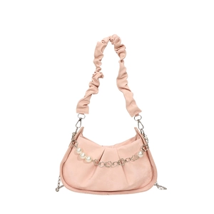 Pink pleated cloud shoulder bag with pearl flower chain and scrunchie strap