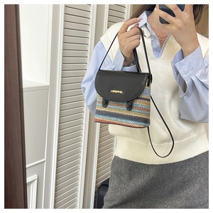 Straw bucket bag with colorful rainbow weaving and black leather flap for summer