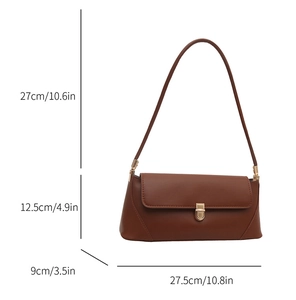 Detailed size specifications for the brown faux leather baguette bag with gold metal buckle