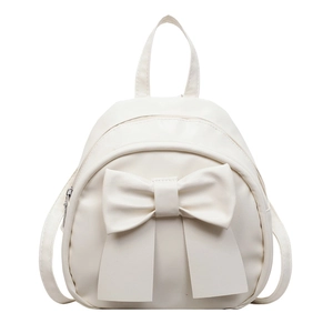 Fashionable cream white PU leather backpack with a large bow design and top handle