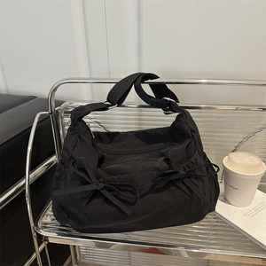 Grand sac cabas en nylon noir avec nœuds coulissants pour voyage et travail