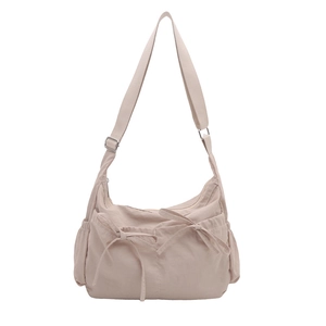 Sac fourre-tout plissé en nylon beige avec nœud et bandoulière réglable pour le quotidien