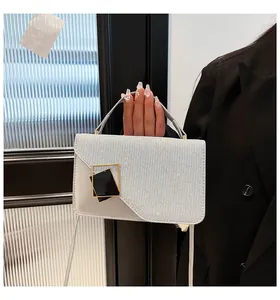 Detail of silver glitter square handbag with elegant gold buckle and shoulder strap