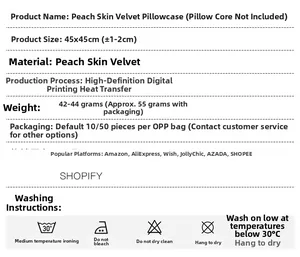 Detail specifications of peach skin pillowcase with 45x45cm size and washing instructions