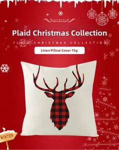Close-up of linen Christmas pillowcase featuring a red and black buffalo plaid reindeer