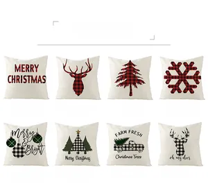 Set of 8 Christmas pillow covers with red plaid reindeer and snowflake motifs