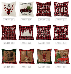 Macro display of 12 festive Christmas cushion covers in various plaid and tree designs