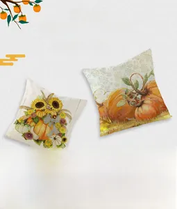 Detailed view of linen Thanksgiving pillowcase with autumn pumpkin and sunflower prints