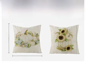 Detail of 45x45cm polyester pillow covers featuring pumpkin and sunflower harvest prints