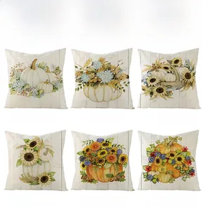 Detail display of six harvest pumpkin and floral patterns on autumn throw pillow covers