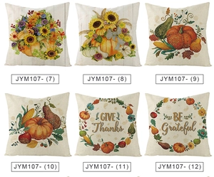 Detail of six Thanksgiving pillow covers with pumpkin sunflower prints and festive text