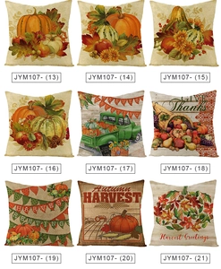 Detailed grid view of nine Thanksgiving pillow covers with pumpkin and harvest patterns