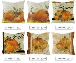 Detail of six Thanksgiving pillow covers with pumpkin, maple leaf and sunflower prints