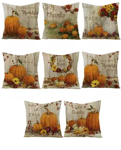 Detail view of eight Thanksgiving pillow covers featuring pumpkin and maple leaf prints