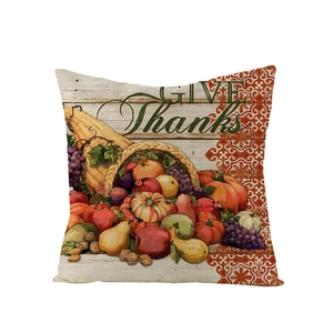 Thanksgiving pumpkin cornucopia pillow cover with Give Thanks print on linen fabric